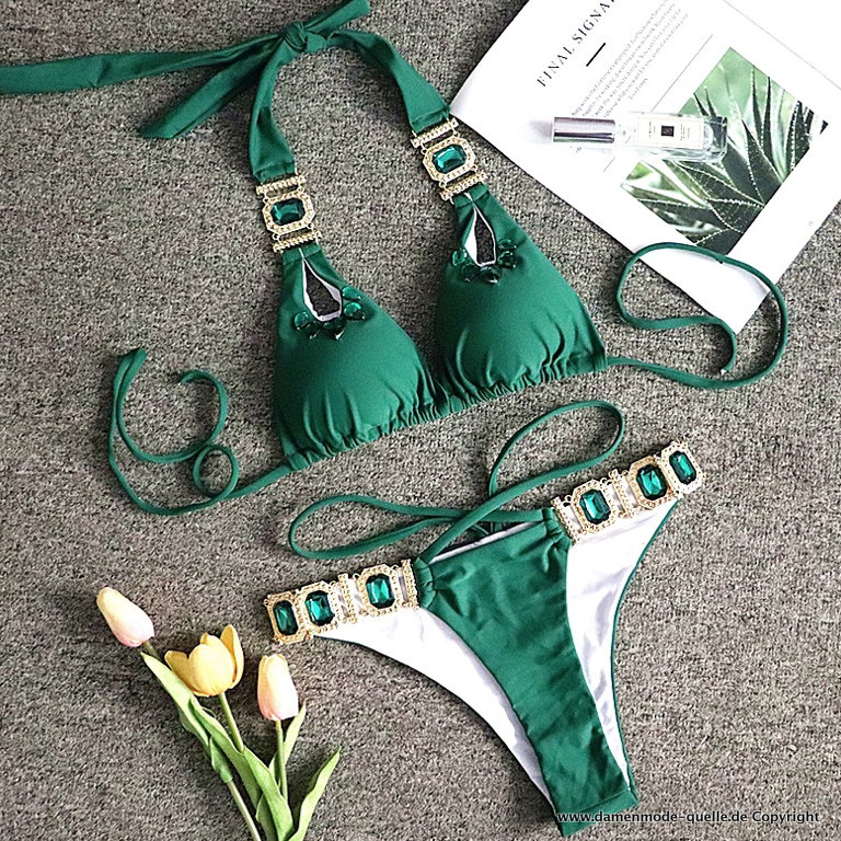 Sexy Cut Out Bikini in Grün mit Vintage Kristall Diamant Applikationen