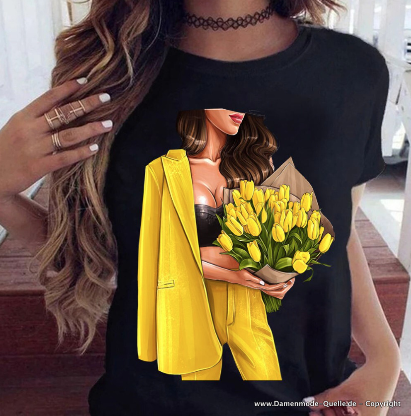 Sexy Frau mit Gelbe Tulpen Print Damen T-Shirt in Schwarz