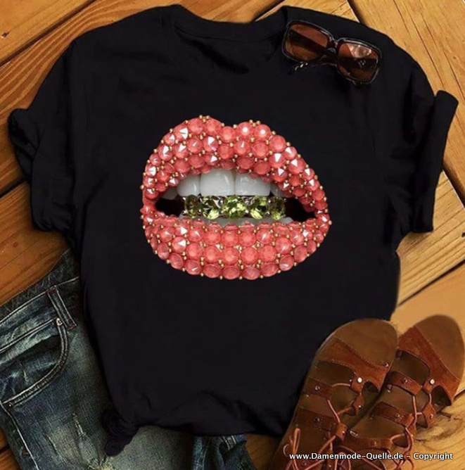 Sexy Glitzer Lippen Print Damen T-Shirt in Schwarz