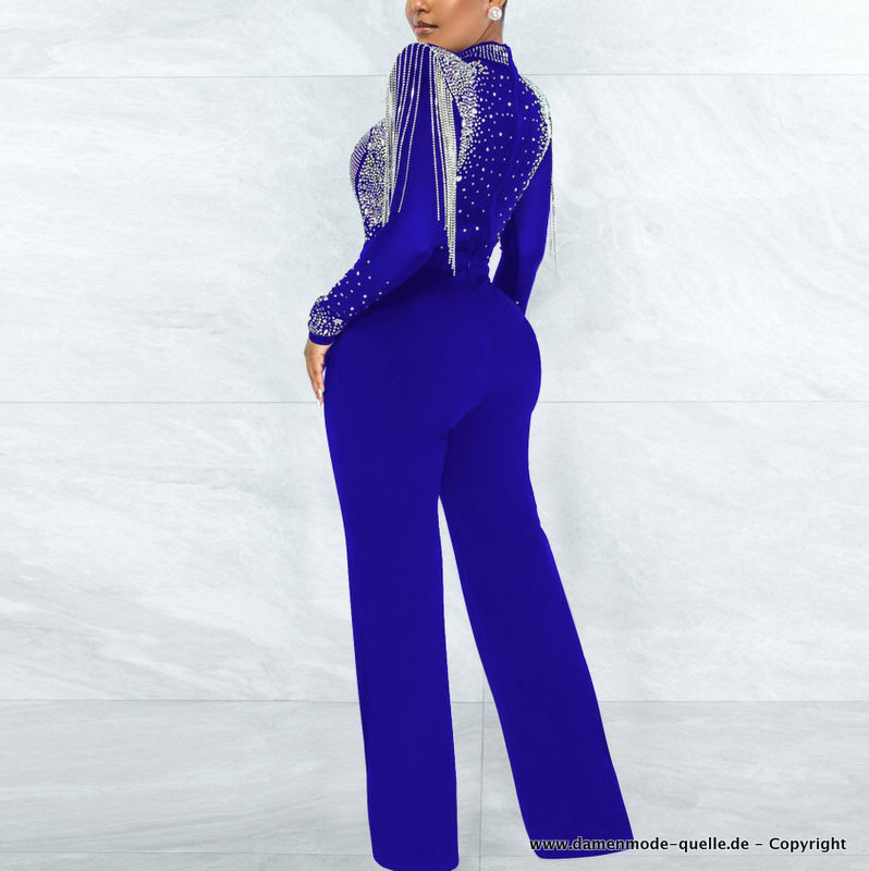 Sexy Jumpsuit Einteiler Lang in Blau mit Diamant Applikationen