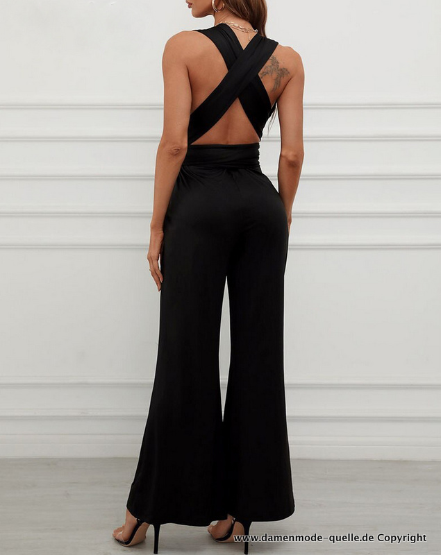 Sexy Kreuzträger Overall Einteiler Jumpsuit in Schwarz