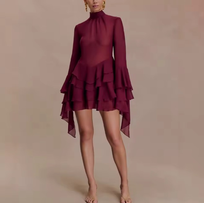 Sexy Langarm Chiffon Minikleid mit Trompetenärmeln Rot