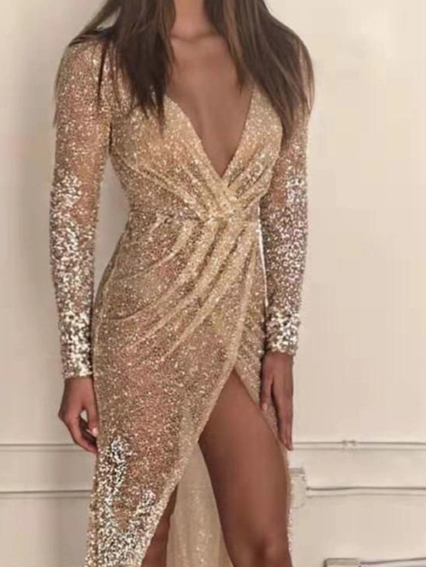 Sexy Langarm Glitzer Cut Out Abendkleid Gold