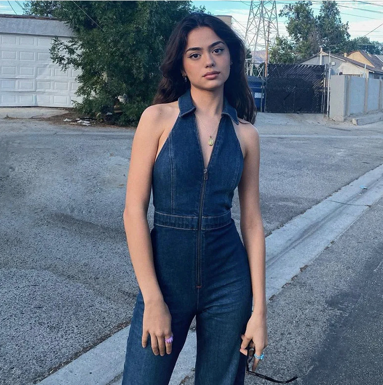 Sexy Neckholder Jeans Overall Jumpsuit Einteiler in Blau