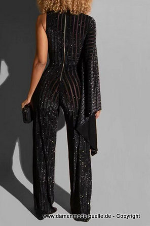 Sexy One Shoulder Glitzer Pailletten Overall Jumpsuit in Schwarz