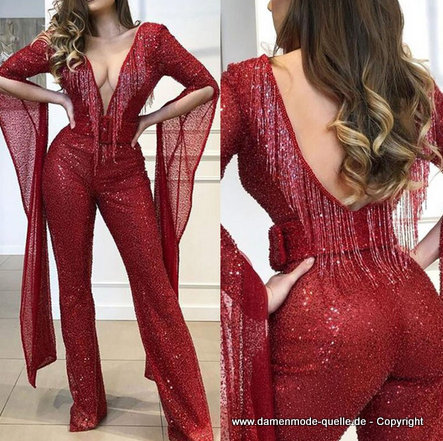 Sexy Pailletten Jumpsuit Einteiler Elegant in Rot