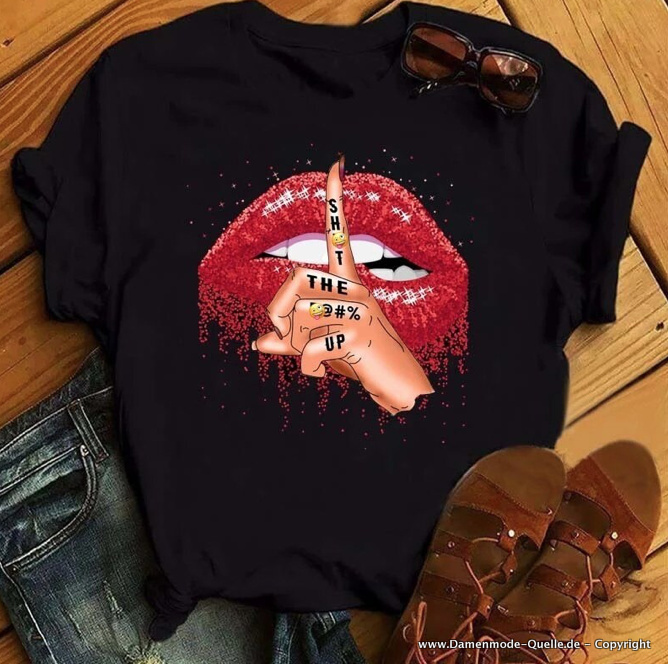 Sexy Rote Lippen Print Damen T-Shirt in Schwarz