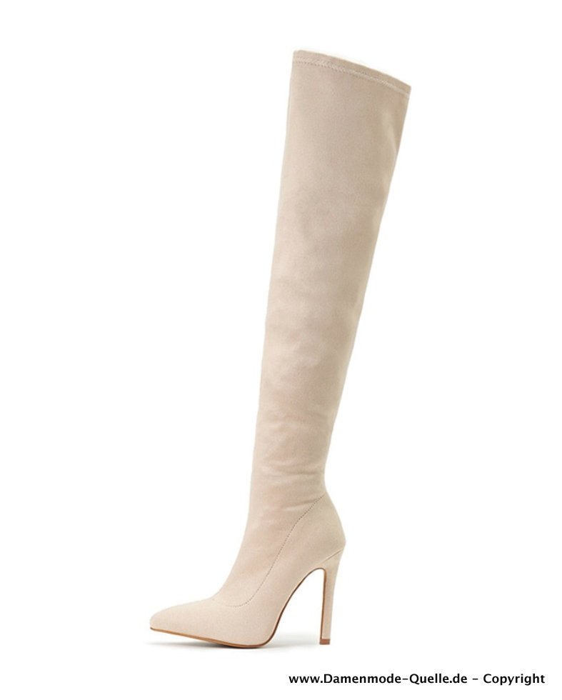 Sexy Samt Overknees Stiefel in Creme Beige