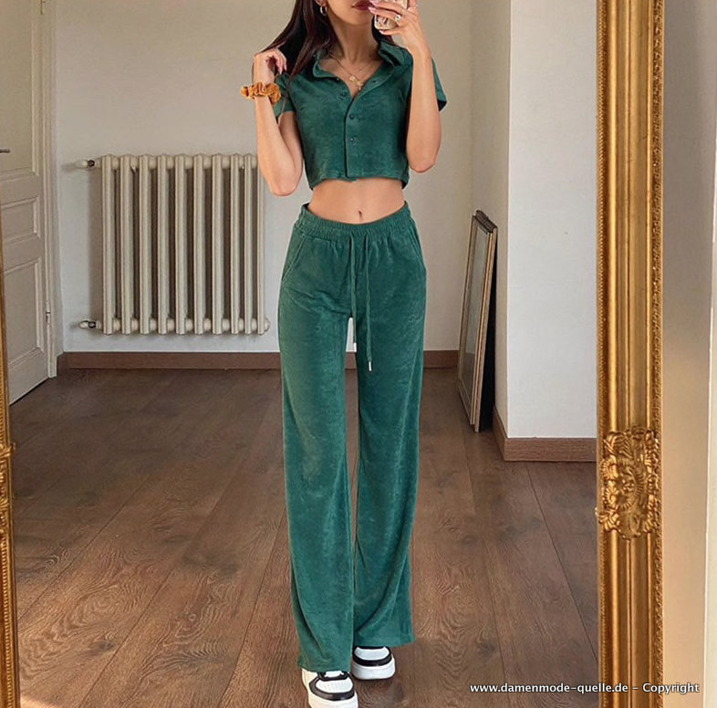 Sexy Sommeroutfit Freizeitanzug im Set Crop Top mit Hose Grün