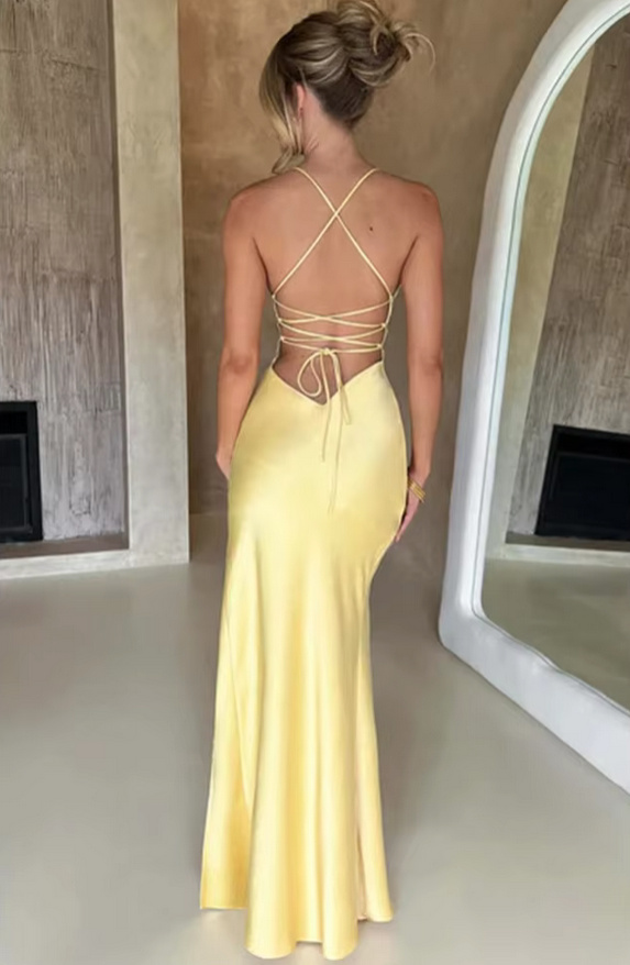 Sexy Spaghettiträger Satin Sommerkleid 2025 Elegant in Gelb