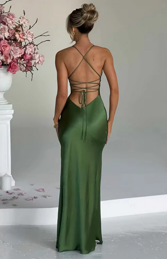 Sexy Spaghettiträger Satin Sommerkleid 2025 Elegant in Grün
