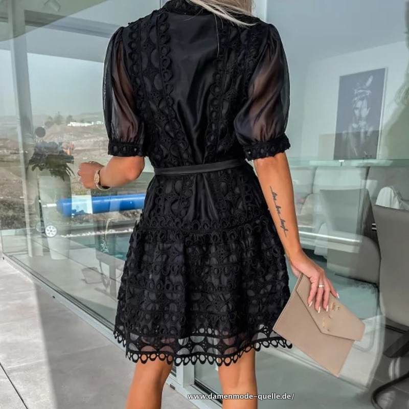 Sexy Spitze Stickerei Kurzarm Büro Kleid mit Stehkragen Schwarz