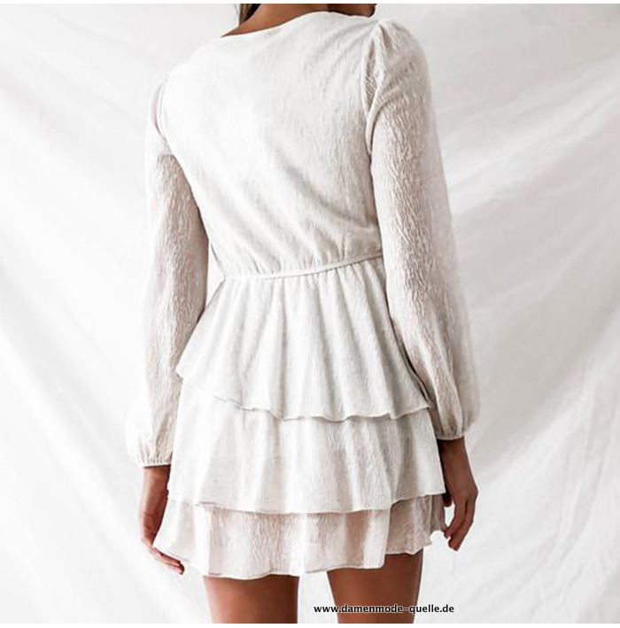 Sexy V-Ausschnitt Weiß A-linie Rüschen Langarm Kleid