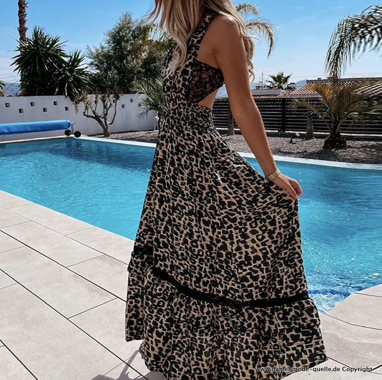 Sexy V-ausschnitt Leopard Print Sommerkleid Lang