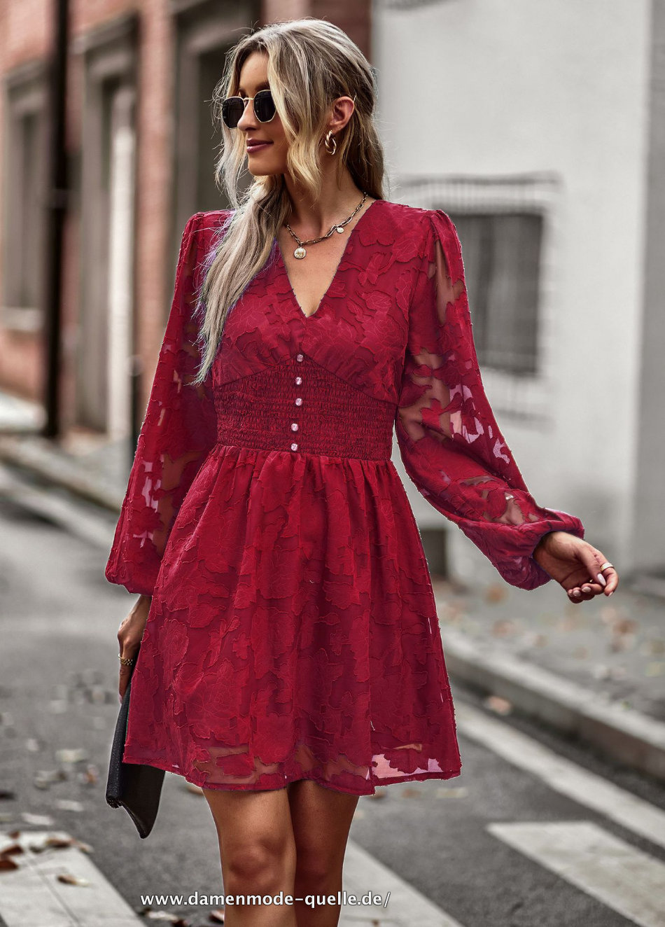 Sommer Damen Langarm V-Ausschnitt Bürokleid in Dunkelrot