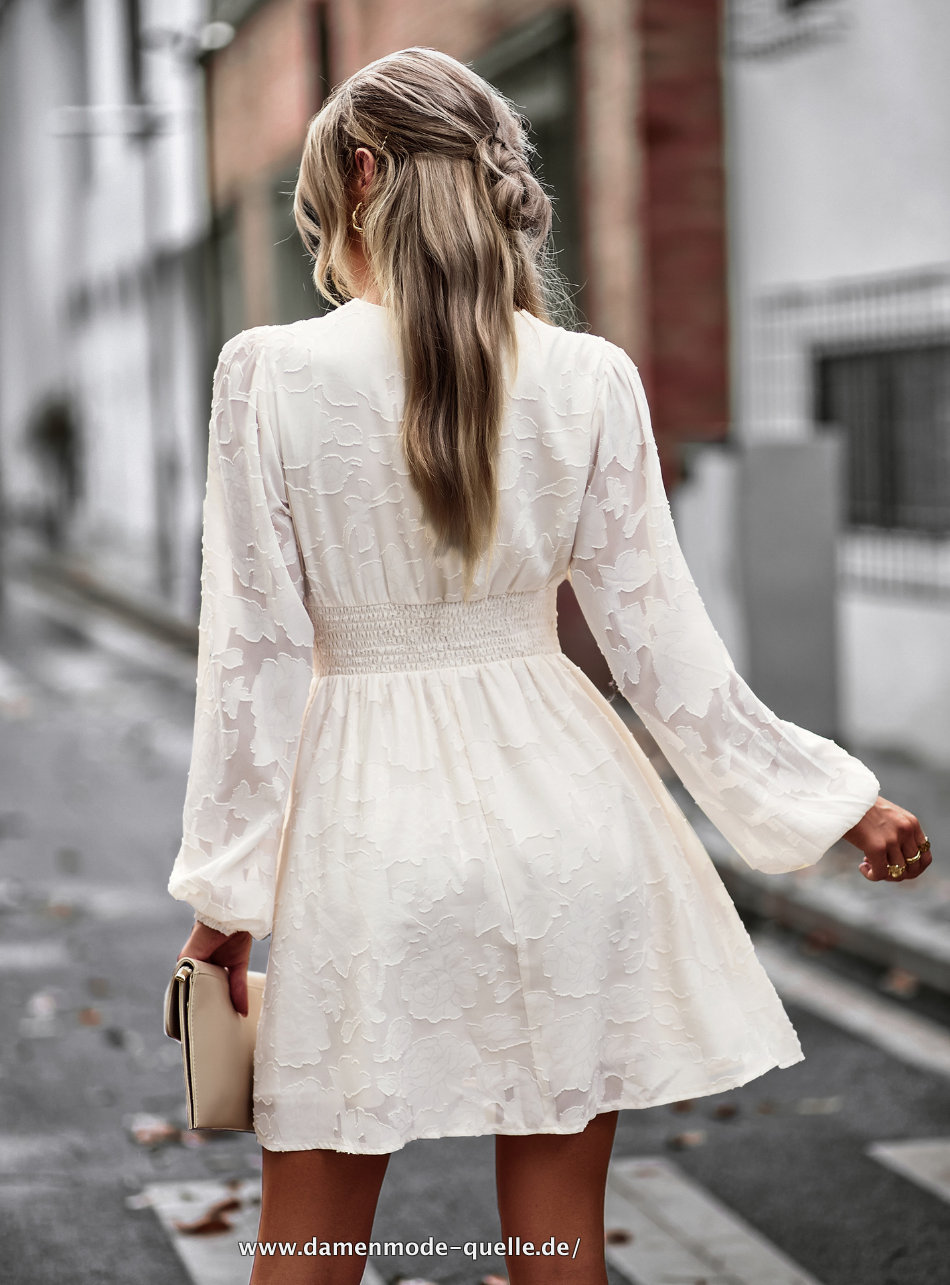 Sommer Damen Langarm V-Ausschnitt Bürokleid in Ivory