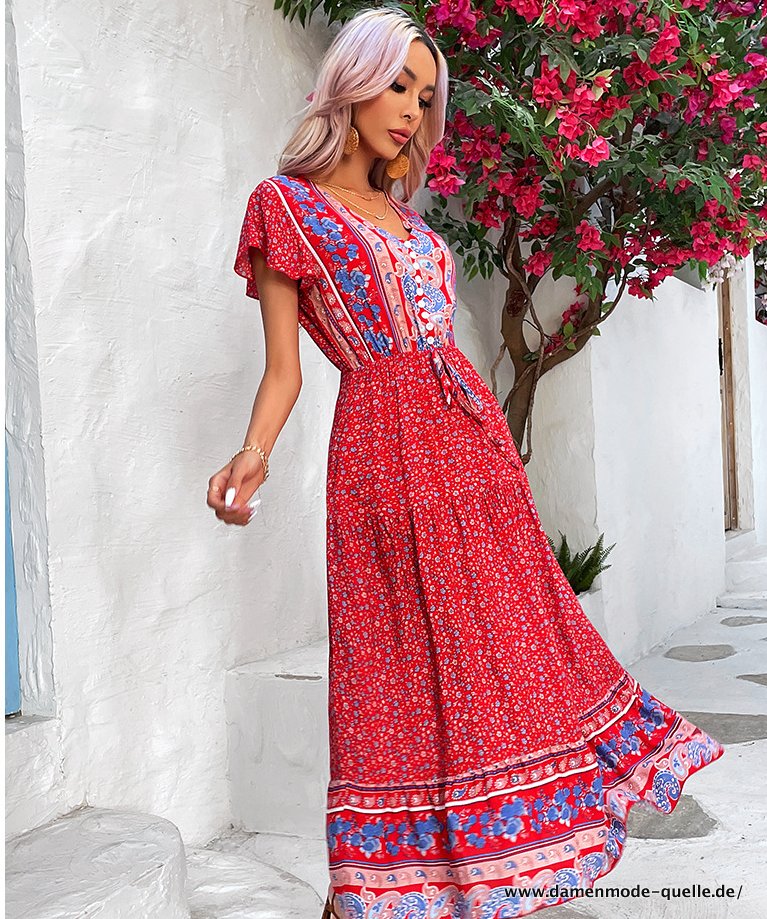 Sommer Kleid Damen 2023 Chic und Elegant Boho Viskose Strand Kleid Rot