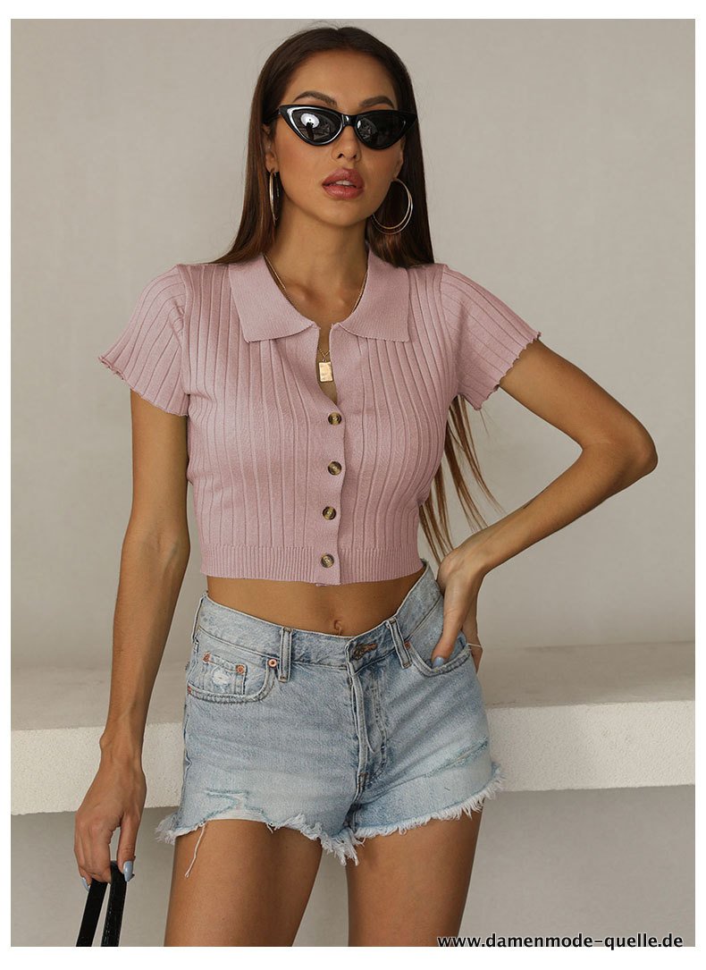 Sommer Kurzarm Cropped Strickjacke Top Gerippt Pink