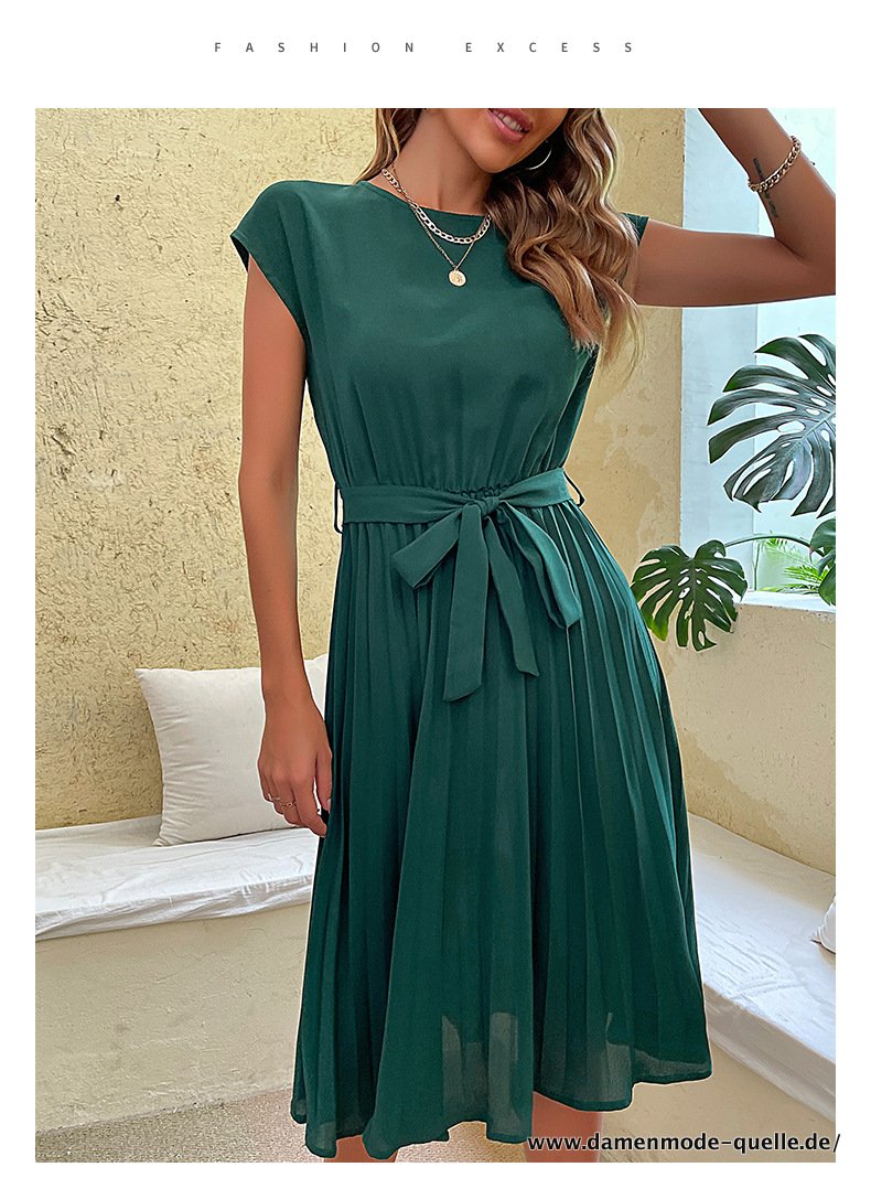 Sommer Midi Plissee Kleid für Damen Elegant mit Gürtel Büro Damen Kleidung Grün
