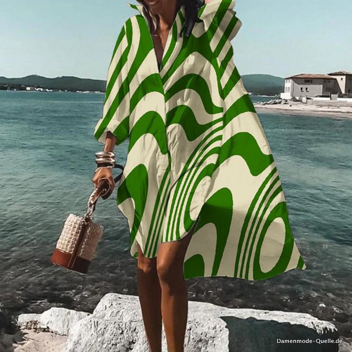 Sommer Mode Damen Shirt Kleid Langarm Strandkleid Grün Gestreift