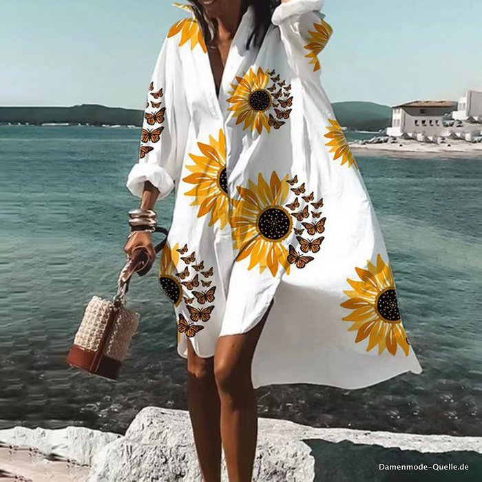 Sommer Mode Damen Shirt Kleid Langarm Strandkleid Sonnenblumen
