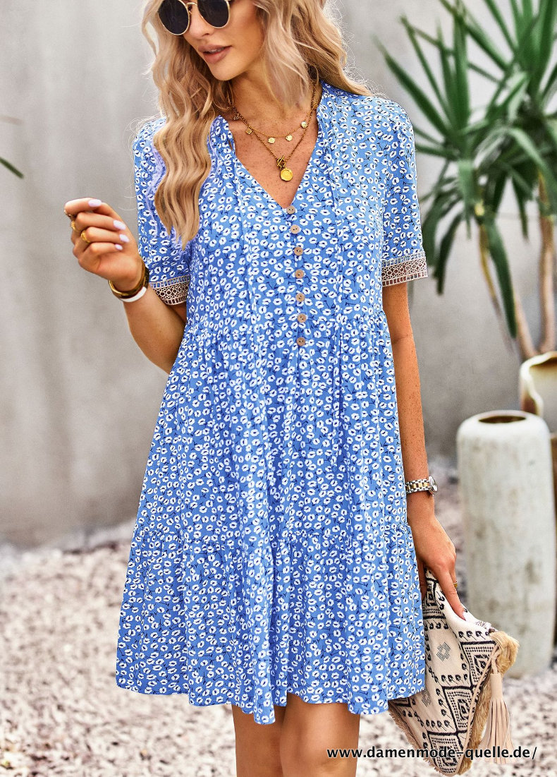 Sommer Nlumenprint Viskose Kleid für Damen Kurzarm Kleid Blau