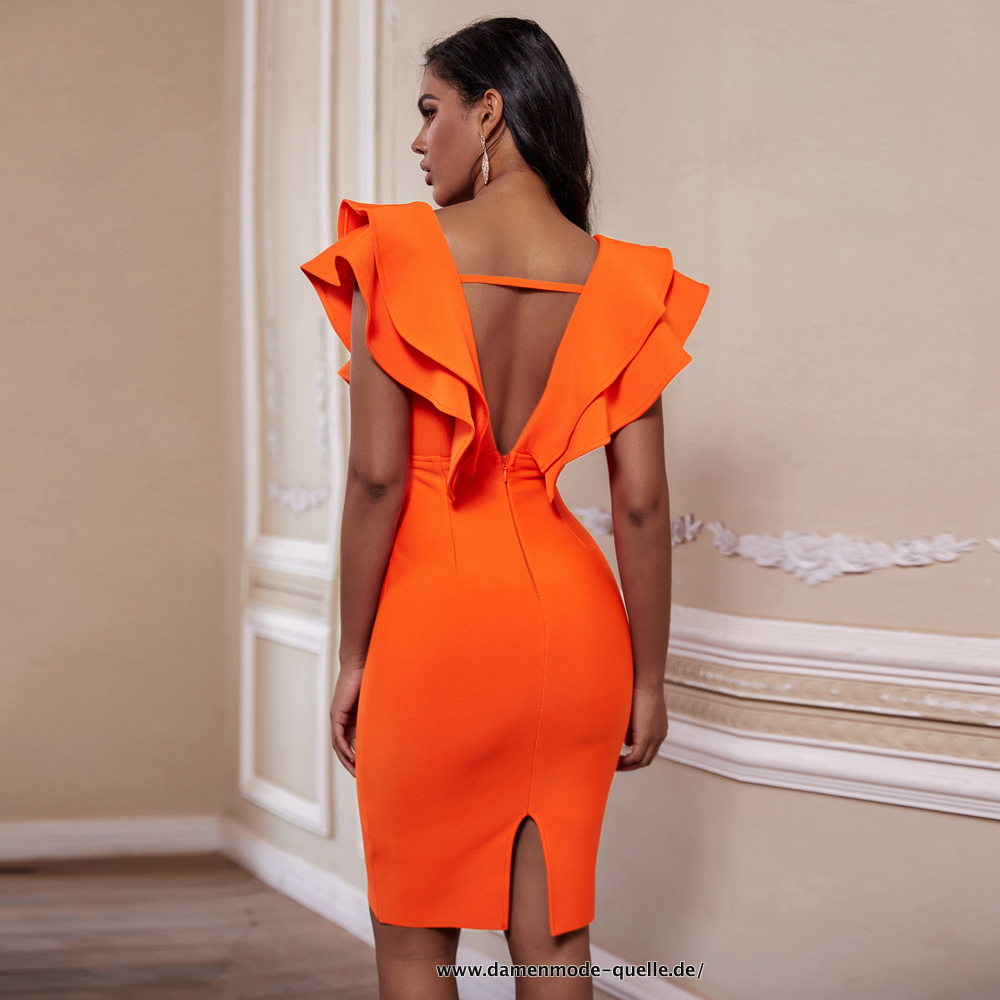 Sommer Party Kleid Orange mit Rüschen Sexy Bodycon Kleid