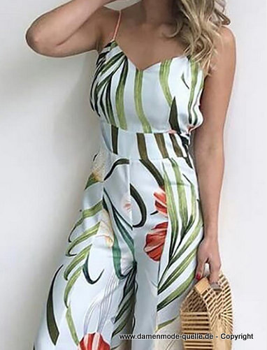 Sommer Print Spaghettiträger Jumpsuit mit weitem Bein Lang