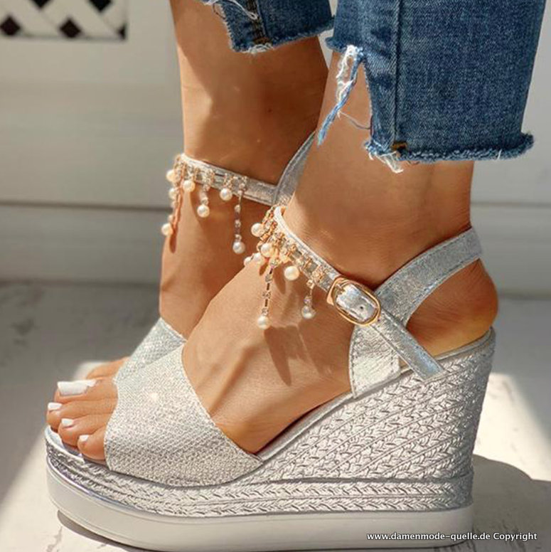 Sommer Wedges Plateau Keil Sandaletten in Silber mit Perlen