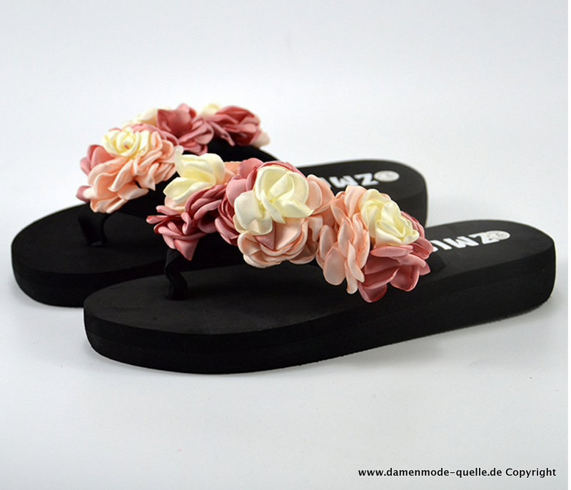 Sommerschuhe Damen Flip Flops mit Blumen in Blau oder Rosa