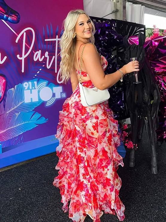 Spaghettiträger Chiffon Sommerkleid 2025 in Rot Weiß mit Blumen