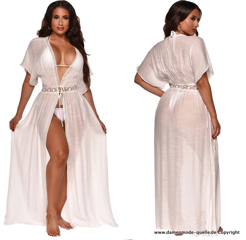 Strand Sommerkleid Cover Up Kleid mit V Ausschnitt in Weiß