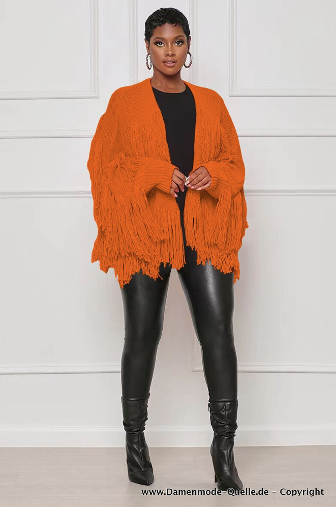 Streetwear Damen Cardigan mit Fransen Modern in Orange