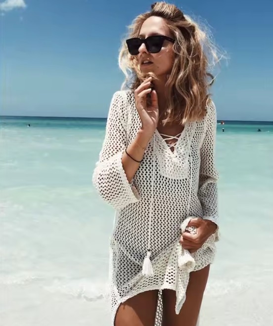 Strick Sommer Tunika Strandkleid Damira in Weiß