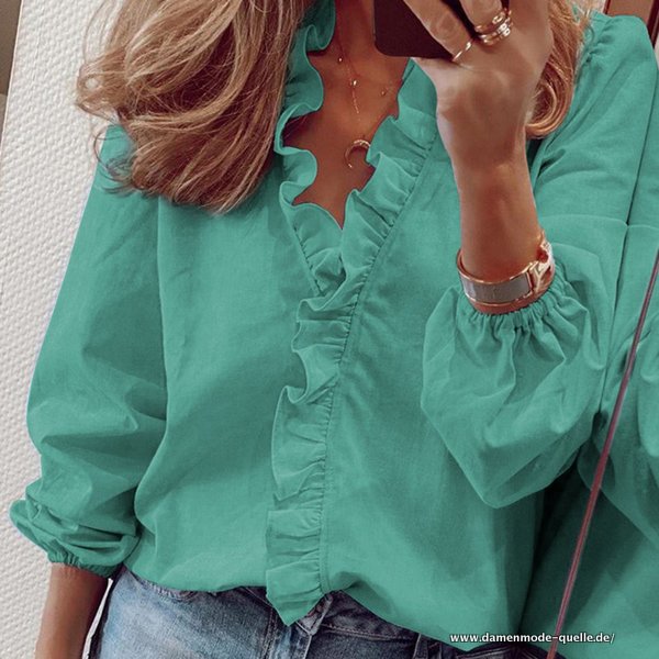 Süße Damen Hemd Sommer Rüschen Langen Ärmeln Slim Fit Einfarbig Bluse Grün