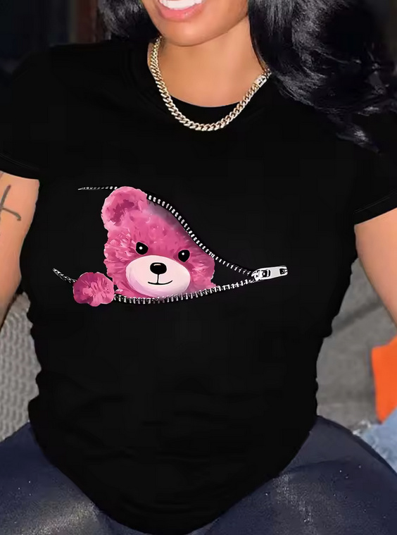 Teddybär Grafikdruck Damen Sommer Shirt 2025 Schwarz
