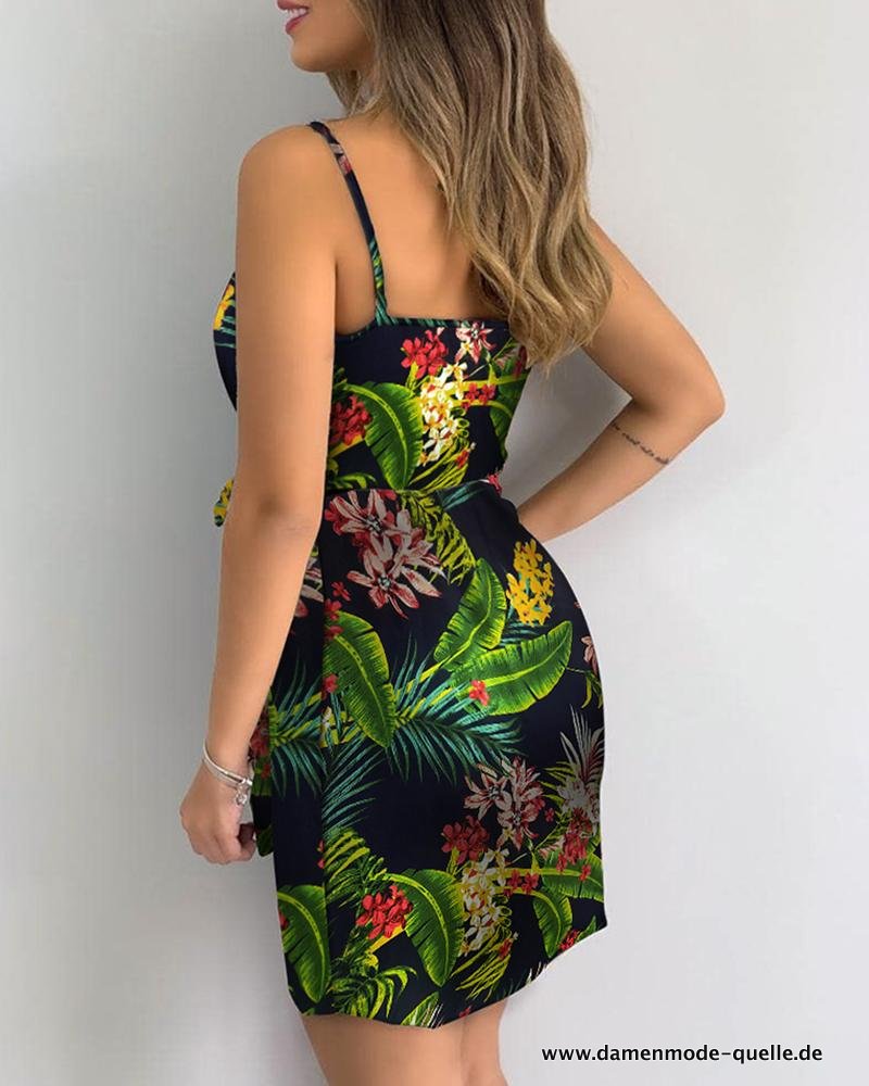 Tropical Druck V-Ausschnitt Kleid Ärmelloses Sommerurlaub Minikleid Grün