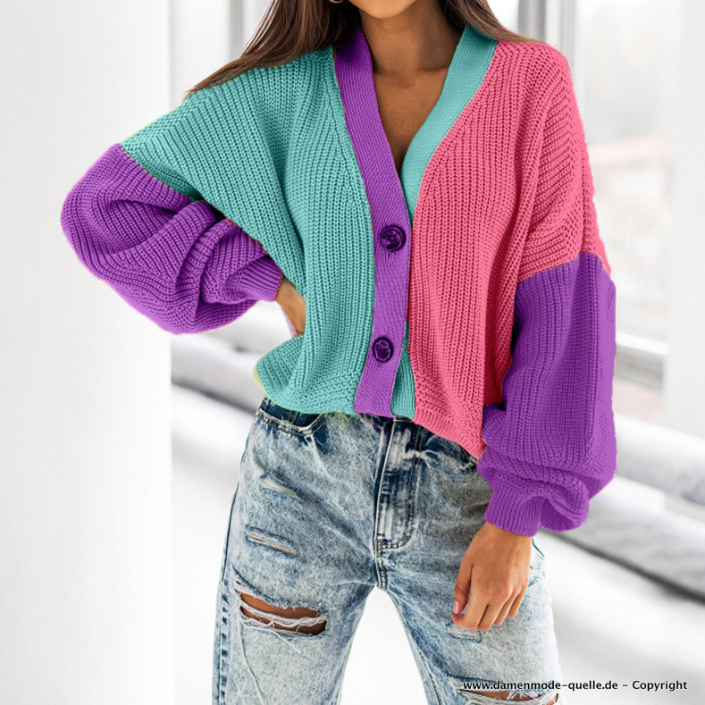 Vintage Color Block Woll Cardigan Strickjacke Bunt