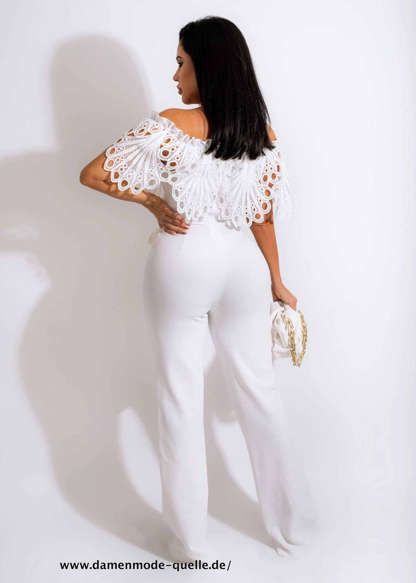 Vintage Damen V-Ausschnitt mit Gürtel Jumpsuit weiß