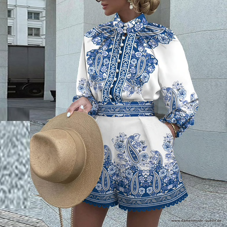 Vintage Print Damenoutfit Elegant in Blau Weiß Hose mit Bluse im Set
