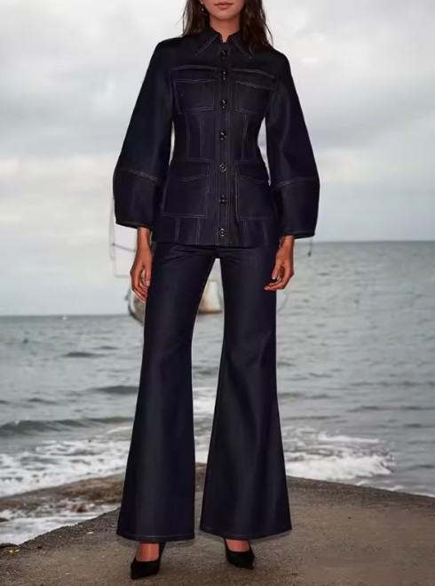 Vintage Style Jeans Damen Zweiteiler Outfit in Dunkelblau