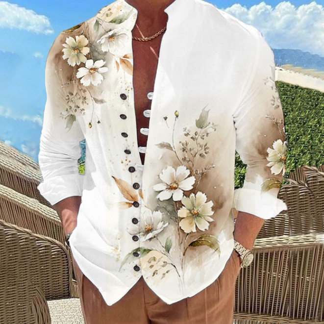 Vintage Style Langarm Herren Hemd Weiß mit Blumenmuster