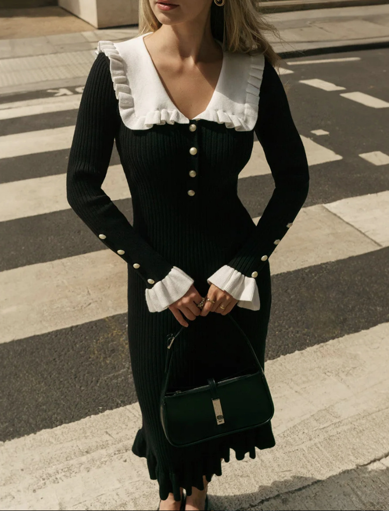 Vintage Style Langarm Stickkleid in Schwarz Weiß