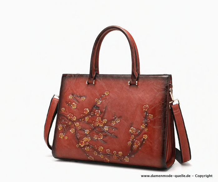 Vintage Style Leder Handtasche für Damen in Braun mit Blumenmuster