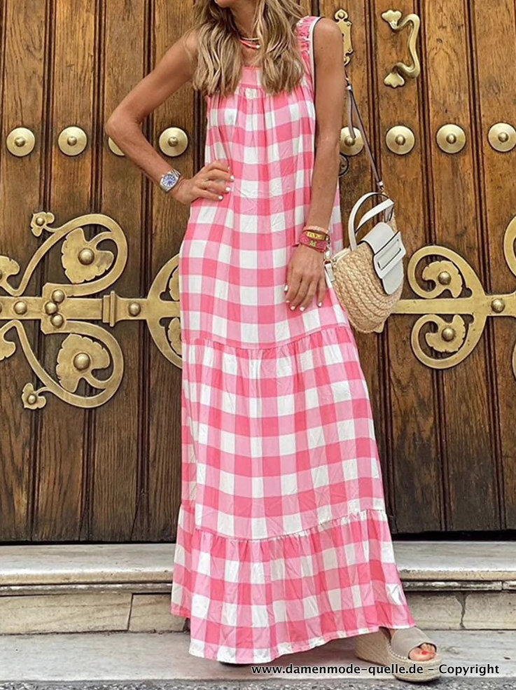 Vintage Style Maxi Sommerkleid Lang in Rosa Weiß Kariert