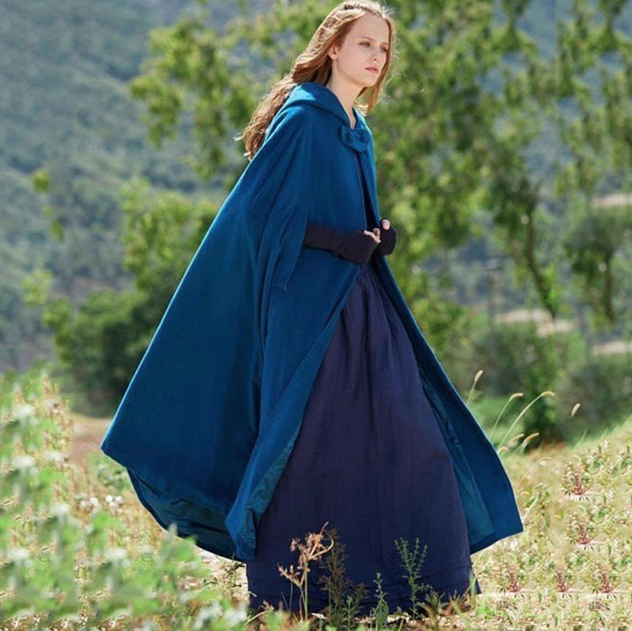 Vintage Style Wintermantel Cape mit Kapuze in Blau