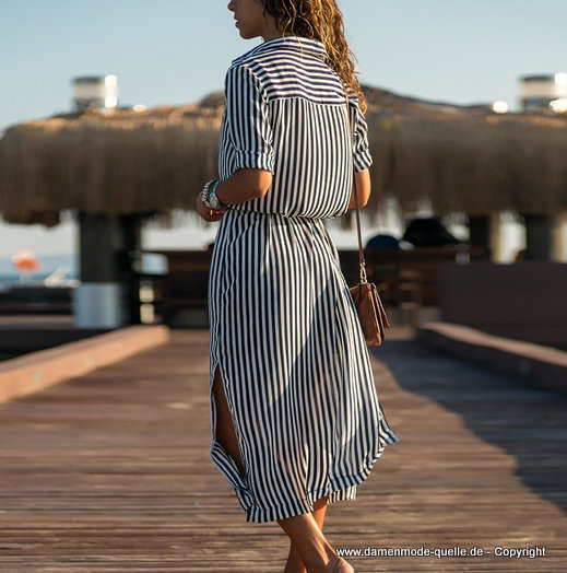 Wadenlanges A Linie Sommerkleid Weiss Schwarz Gestreift