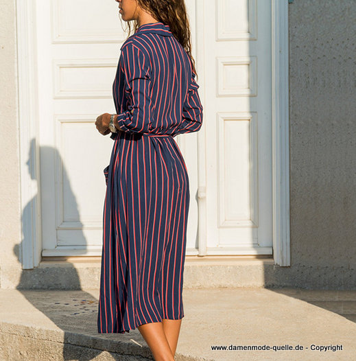 Wadenlanges A Linie Sommerkleid Blau Rot Gestreift