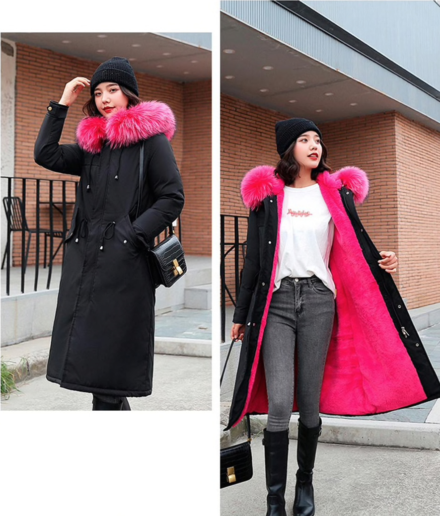 Warme Lange Wintermantel für Damen in Schwarz Pink mit Kunstpelz