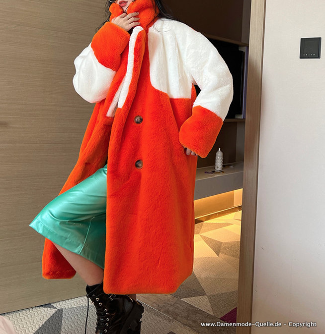 Warmer Fleece Damen Mantel Lang für den Winter in Orange Weiß